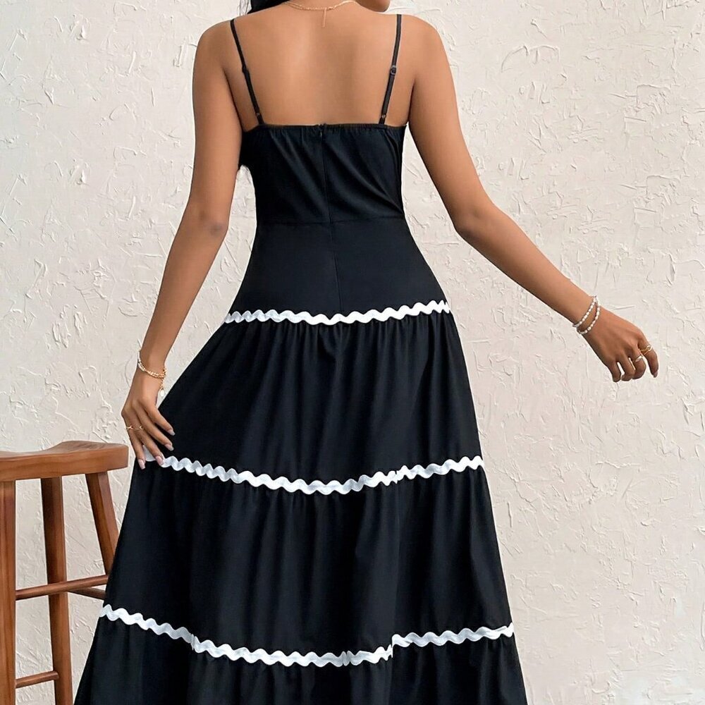 Black And White Sexy Women's Colorblock Spaghetti Strap A-Line Dress - Picture 2 of 7